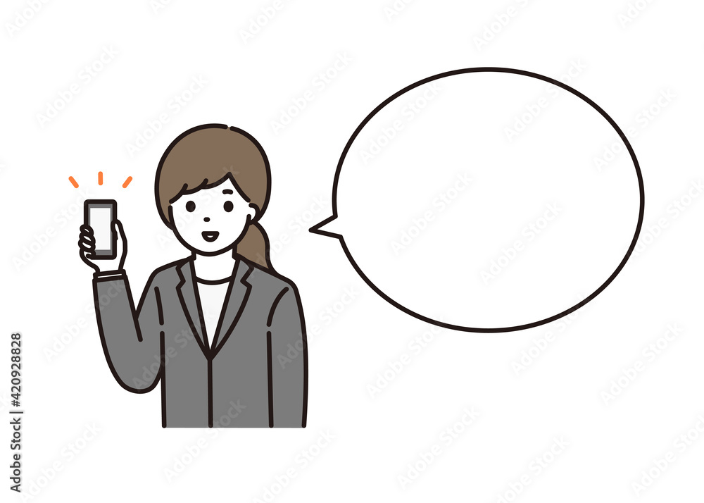 笑顔でスマートフォンを持つスーツ姿の若い女性 吹き出し 笑顔でスマートフォンを持つスーツ姿の若い女性 吹き出し