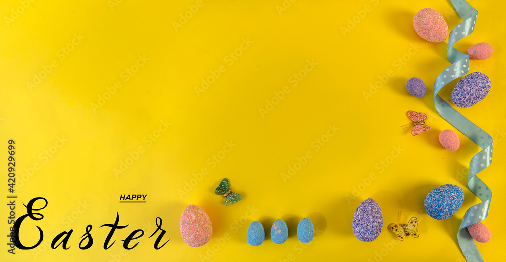 Happy easter! Flat Lay, Internet banner with Copy Space on Easter