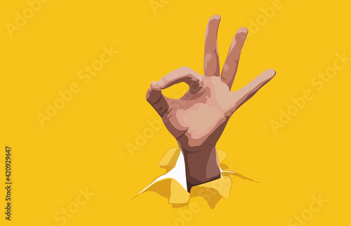 Hand ok sign. The hand came out into the hole and shows symbol of fine. Copy space. Vector illustration. Yellow background.