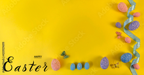 Happy easter! Flat Lay, Internet banner with Copy Space on Easter © Liubov