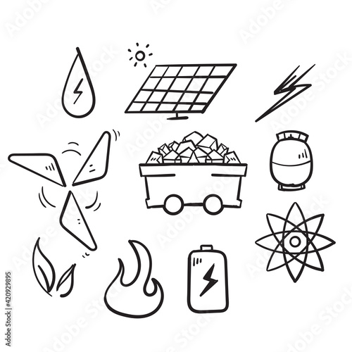 hand drawn Simple Set of Energy Types Related Vector Line Icons isolated in doodle
