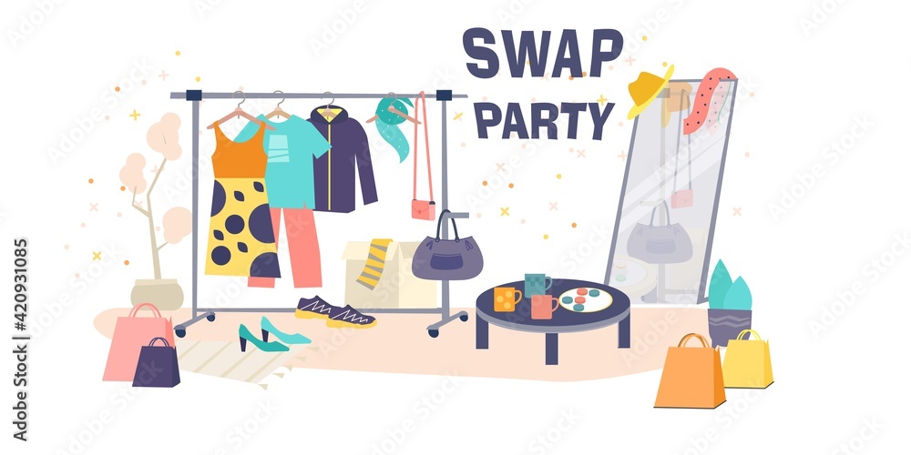 Swap party Illustration with clothes. Vector illustration. Trendy graphic design for print. Reduce and reuse concept
