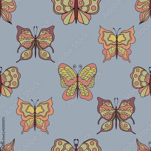 Beautiful butterflies. Seamless pattern. Pastel colors. Collection of isolated flat cartoon vector illustrations.