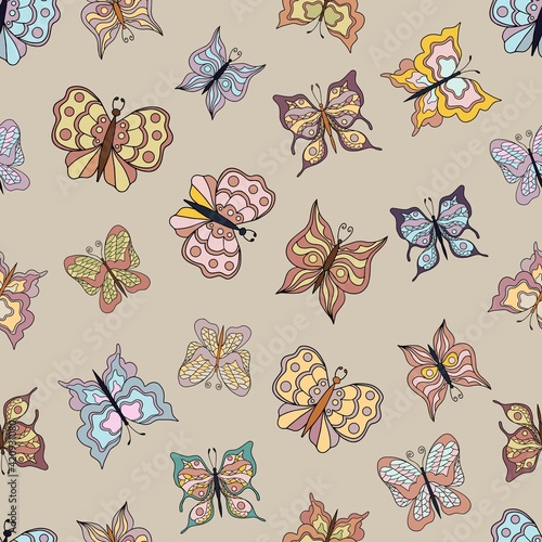 Beautiful butterflies. Seamless pattern. Pastel colors. Collection of isolated flat cartoon vector illustrations.