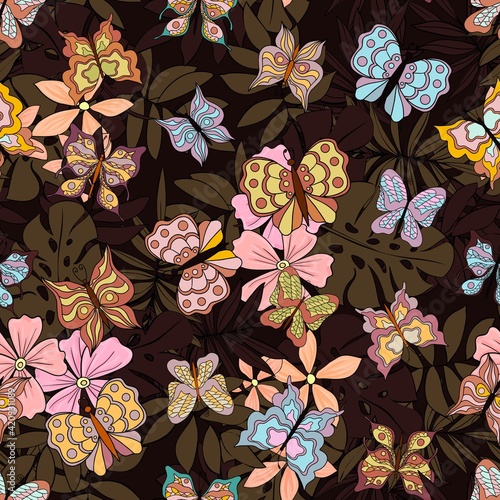 Beautiful butterflies on a tropical backround. Seamless pattern. Pastel colors. Collection of isolated flat cartoon vector illustrations.