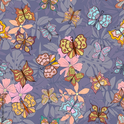 Beautiful butterflies on a tropical backround. Seamless pattern. Pastel colors. Collection of isolated flat cartoon vector illustrations.