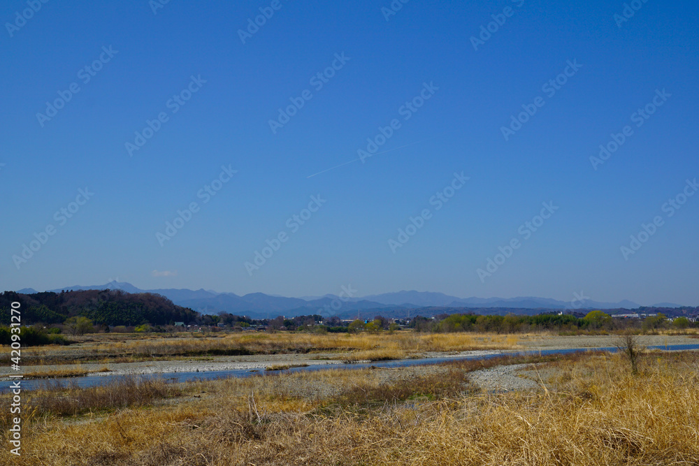Fototapeta premium 早春の多摩川 風景 山並み