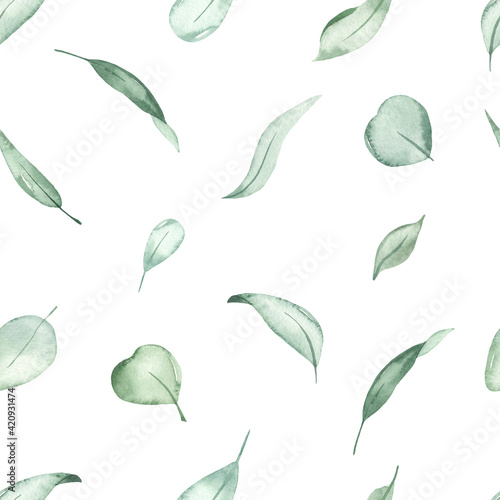 Watercolor seamless pattern with greens, leaves, foliage on a white background