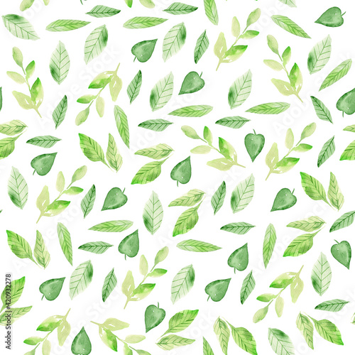 watercolor pattern with green leaves on white background