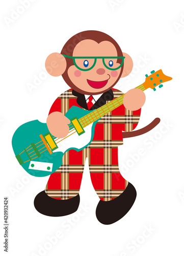 A monkey playing a bass guitar