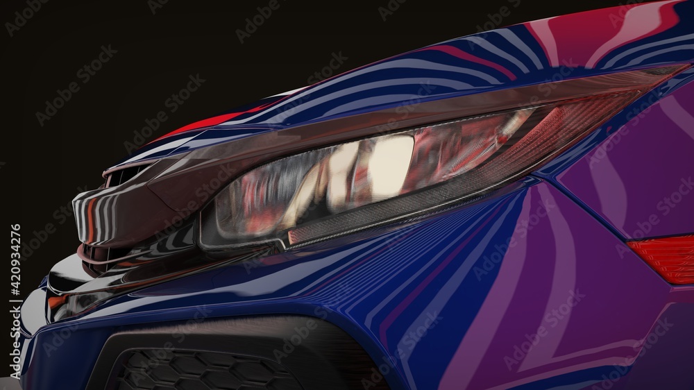 Image of a car with colored highlights 3D illustration