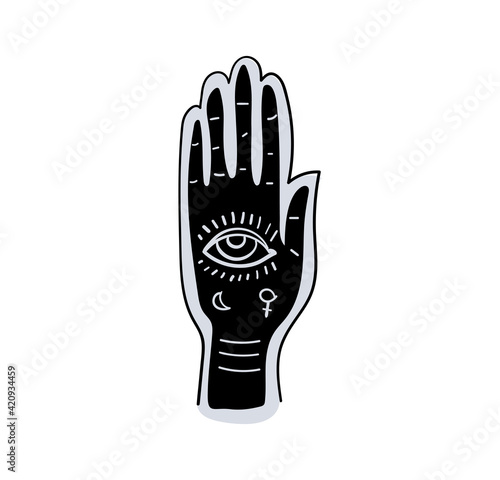 Fortune telling by hand and along the lines of fate, palmistry, prediction and fortune-telling. Black palm with eye tattoo. Simple vector witch sign, vintage design, occult symbol.