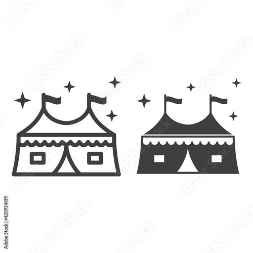 Tent with attractions line and solid icon, The rides concept, circus tent sign on white background, Carnival camping tent icon in outline style for mobile concept and web design. Vector graphics.