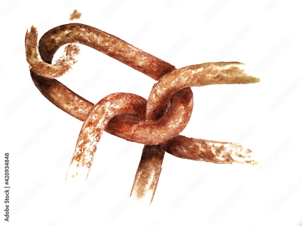 A rusty link of a metal chain made in watercolor technique on a white isolated background A rusty link of a metal chain made in watercolor technique on a white isolated background