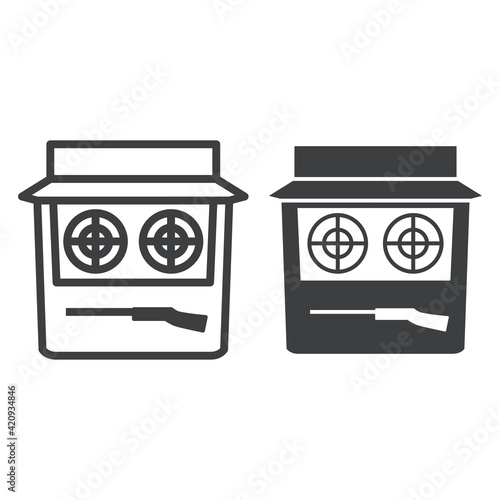 Attraction Shooting gallery line and solid icon, The rides concept, carnival game booth sign on white background, shooting game toy in amusement park icon in outline style. Vector graphics.