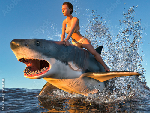 акуле Image of a girl swimming on a shark 3D illustration