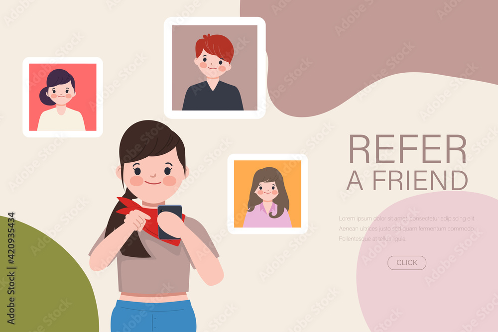 Young woman have refer a friend with smartphone. Web landing page refer friend concept. Young woman have refer a friend with smartphone. Web landing page refer friend concept.