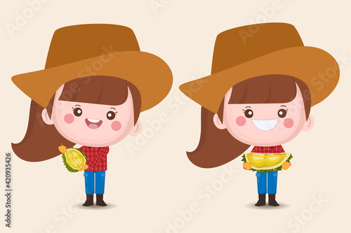 Agriculturist cute woman character with durian fruit.