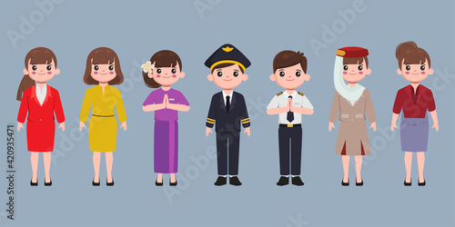 Group of airport crew poses and team of professional airline international workers on a white background. Airline staff. Cartoon character design vector