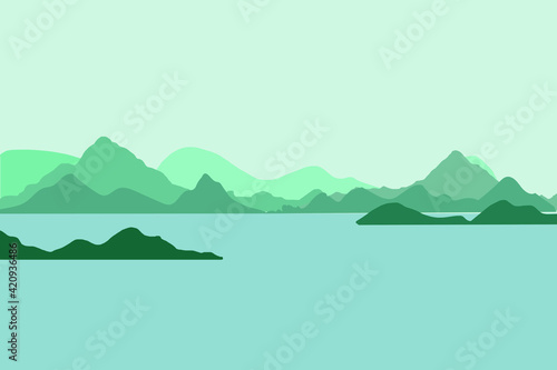 Vector design background on greenish color that capture the natural beauty of mountains surrounded by water — whether lakes or rivers.