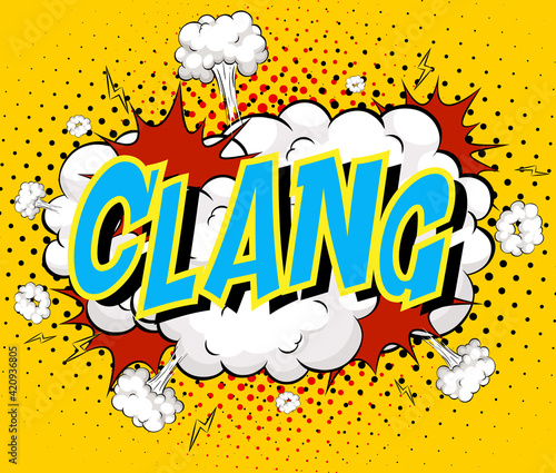 Word Clang on comic cloud explosion background