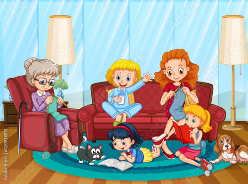 Happy family in the living room scene