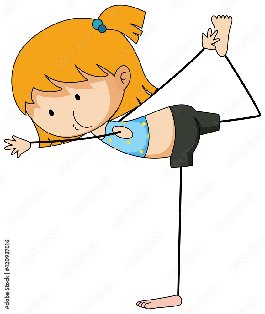 A girl doing yoga doodle cartoon character isolated A girl doing yoga doodle cartoon character isolated