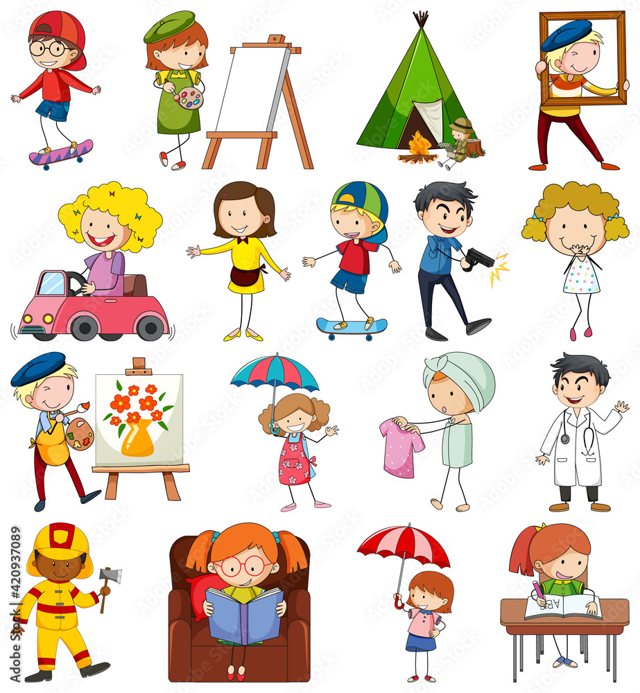 Set of different doodle kids cartoon character isolated Set of different doodle kids cartoon character isolated