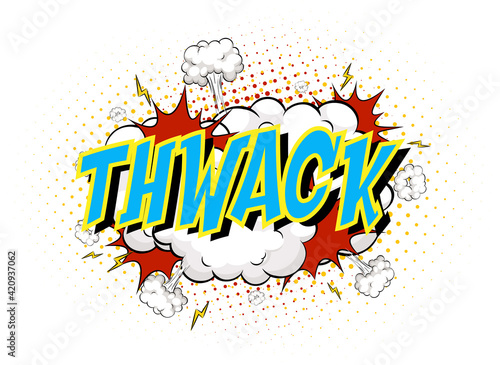 Word Thwack on comic cloud explosion background