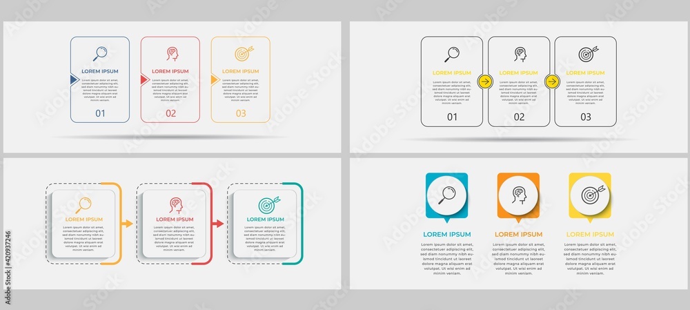Mega collection Vector Business Infographics set bundle with 3 options or steps. Business concept. Can be used for presentations banner, workflow layout, process diagram, flow chart, info graph
