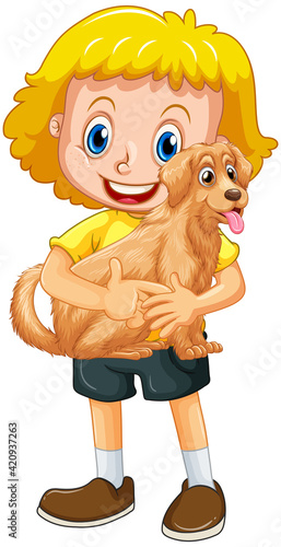 Happy girl cartoon character hugging a cute dog