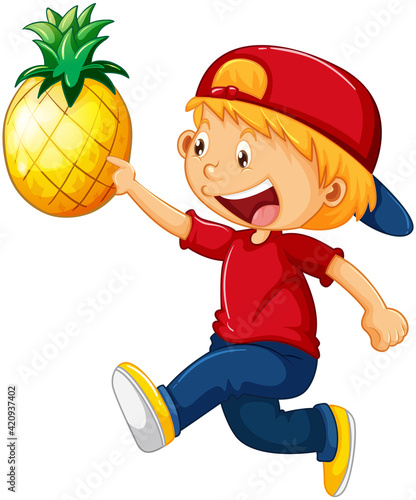 Happy boy cartoon character holding a pineapple