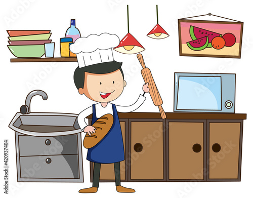 Little chef with kitchen equipments on white background