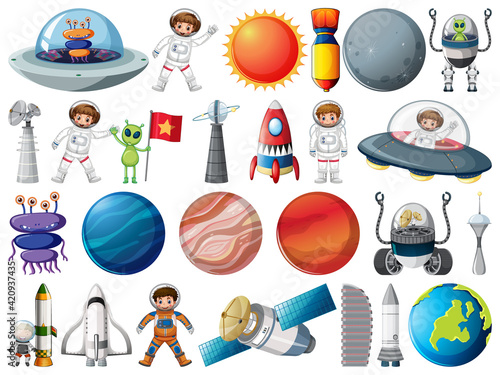 Set of space objects and elements isolated on white background