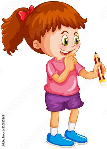 A girl holding a pencil cartoon character isolated on white background