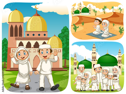 Set of muslim people cartoon character in different scene