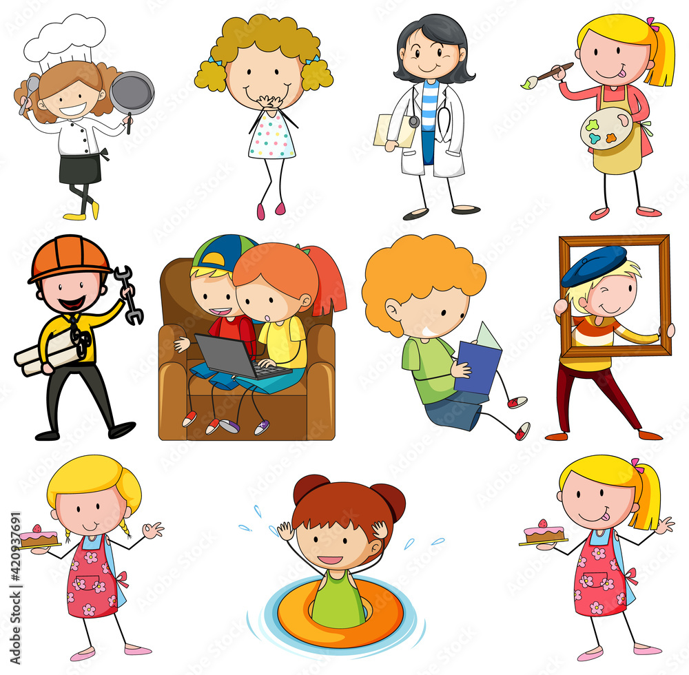 Set of different doodle kids cartoon character