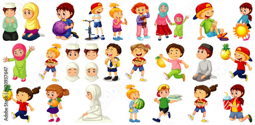 Fototapeta Naklejka Na Ścianę i Meble -  Children doing different activities cartoon character set on white background
