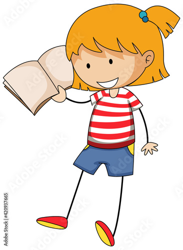 Little girl reading book doodle cartoon character
