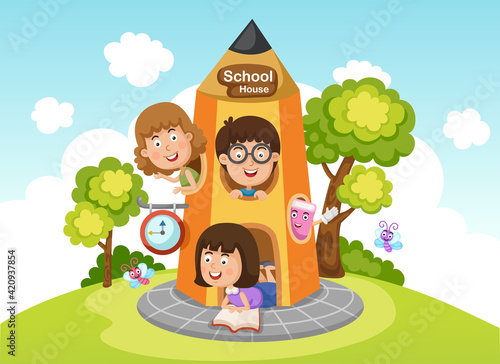 Illustration of  children playing at pencil house vector