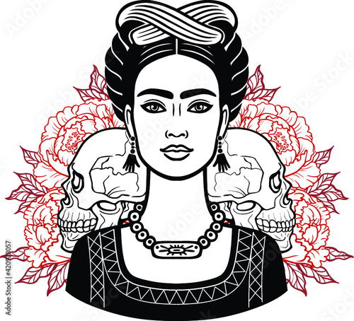 Portrait of the beautiful Mexican girl in ancient  clothes, human skulls, background - the stylized roses. Vector illustration isolated on a white background. Print, poster, t-shirt, card.
