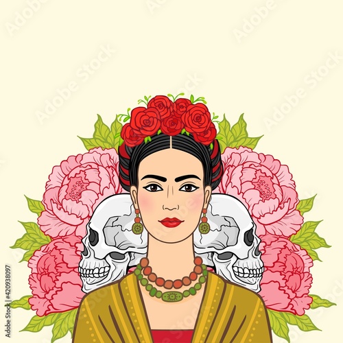 Portrait of the beautiful Mexican woman in  ancient  clothes, human skulls, a background - the stylized roses. Boho chic, ethnic, vintage. Vector illustration isolated. Print, poster, t-shirt, card. photo