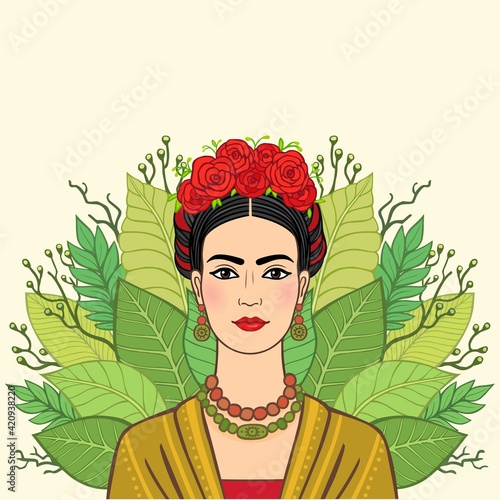 Portrait of the beautiful Mexican woman in  ancient  clothes, a background - the stylized leaves of plants. Boho chic, ethnic, vintage. Vector illustration isolated. Print, poster, t-shirt, card. photo