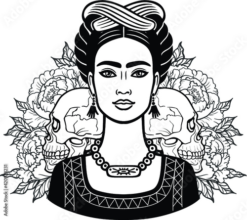 Portrait of the beautiful Mexican girl in ancient  clothes, human skulls, background - the stylized roses. Vector illustration isolated on a white background. Print, poster, t-shirt, card.
