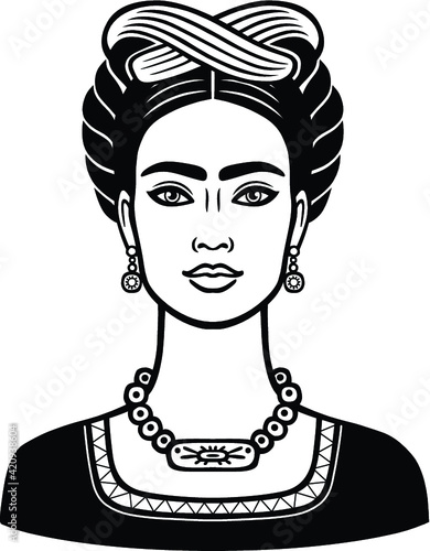 Animation portrait of the young beautiful mexican woman with a traditional hairstyle. Vector illustration isolated on a white background. Print, poster, emblem, card, t-shirt.
