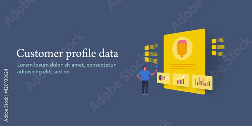 Customer data analytics, management and crm software,  client profile, business prospect, user profile and personal information monitoring concept. Isometric style web banner.