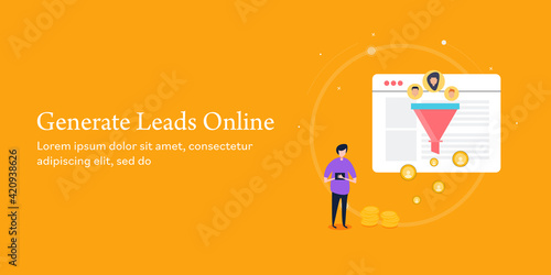 Generate leads and managing online sales, marketing funnel with customer conversion strategy, business success and internet technology concept. Vector illustration, web banner.