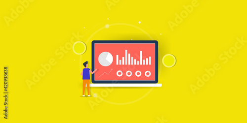 Marketing attribution concept. Marketer analysing customer value or return on investment ROI of business. Web banner vector with yellow background.