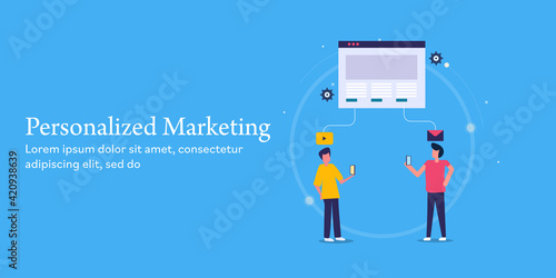 Personalized marketing, customer behaviour tracking with marketing automation technology, sending right content to individual, customer data analysis. Web banner vector illustration.