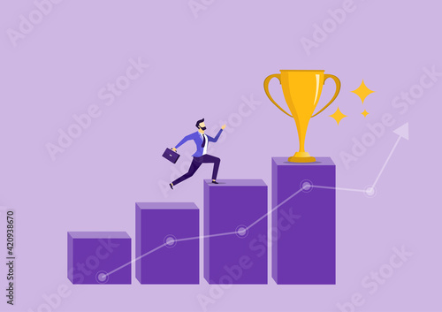 Businessman run to goal on the graph column . Career growth. development and goals achievement.  business challenge. work progress. Business success and progress. Business concept. Flat vector 